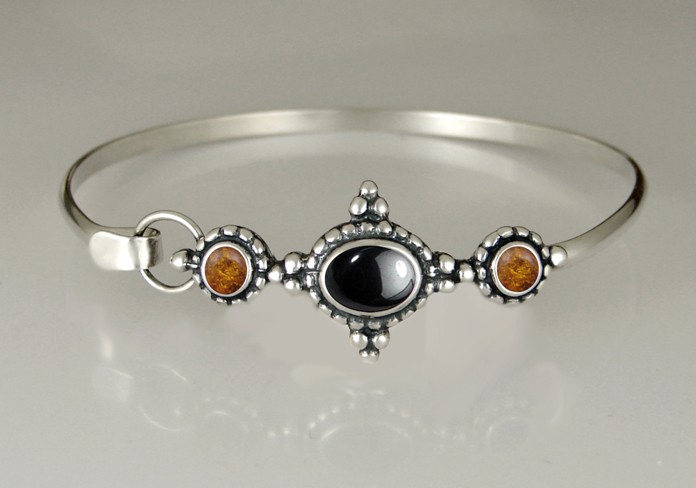 Sterling Silver Strap Latch Spring Hook Bangle Bracelet With Hematite And Amber